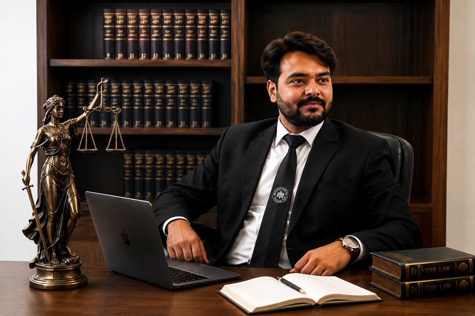 Adv. Brijesh Parekh at his desk in Ahmedabad